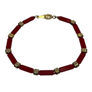 Red &‎ Gold Tone Metal Bead Bracelet Women's Jewelry Fashion Accessory
